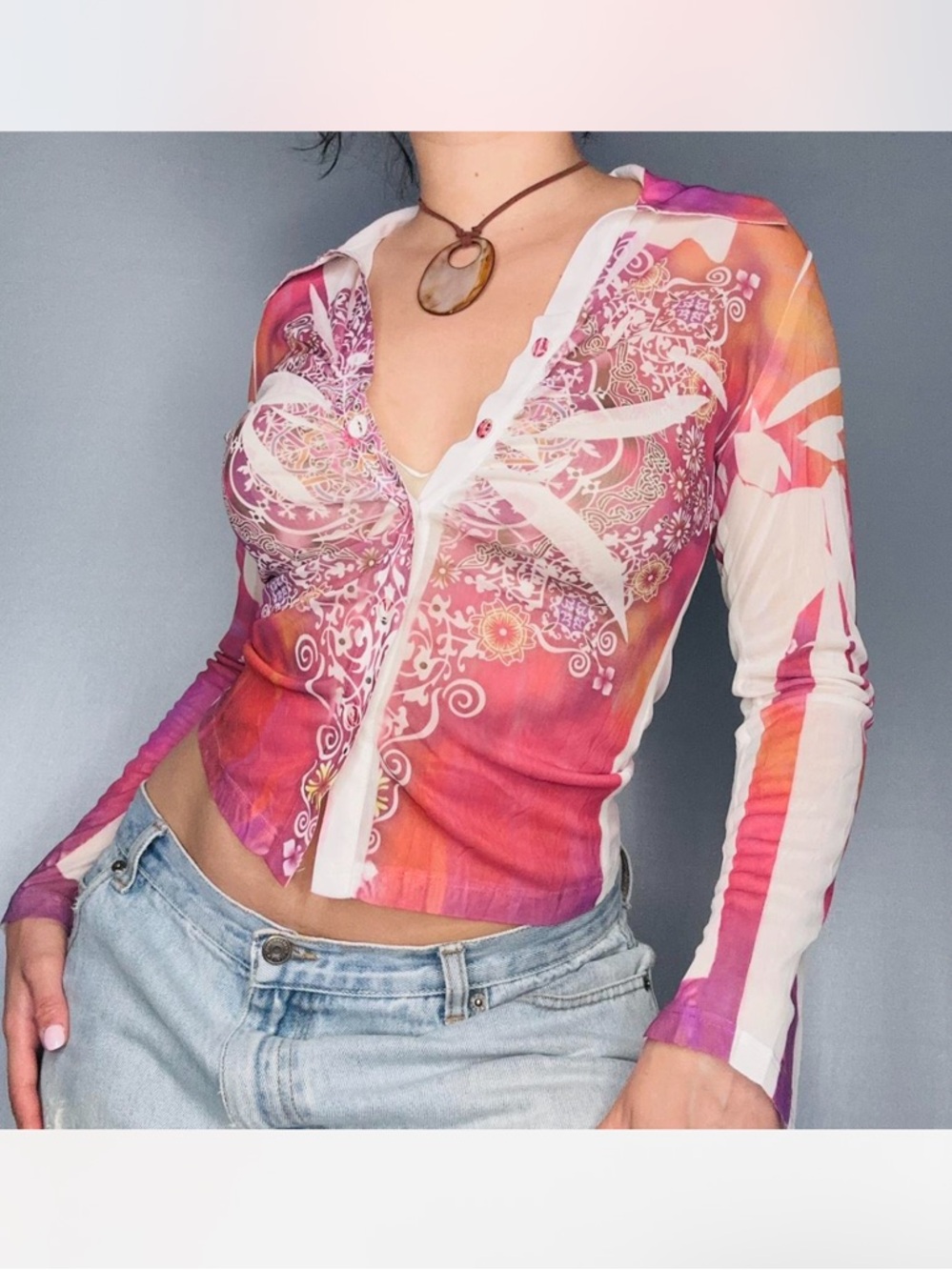 Women's Pink Orange Long Sleeve Sheer Button-Up Top